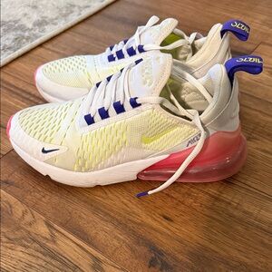 Nike Air Max 270 White, Pink, and Blue Sneakers
